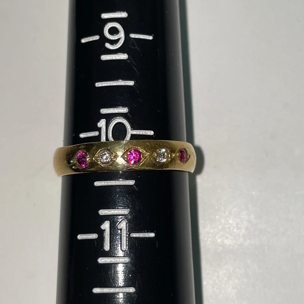 Antique ERNST Solid 14K Yellow Gold Synthetic Ruby Faux Diamond Unisex Band Ring